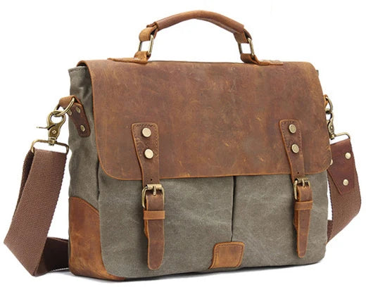 Men's Vintage Leather & Canvas Briefcase – Business Portfolio Attache Tote Office Bag