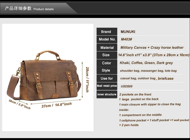 Men's Vintage Leather & Canvas Briefcase – Business Portfolio Attache Tote Office Bag