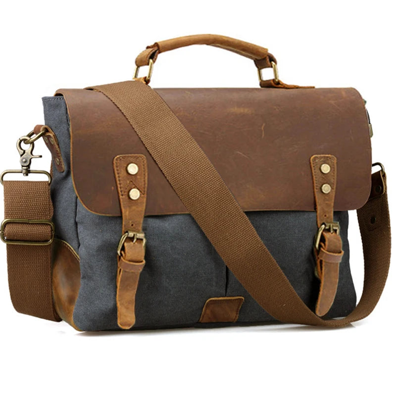 Men's Vintage Leather & Canvas Briefcase – Business Portfolio Attache Tote Office Bag