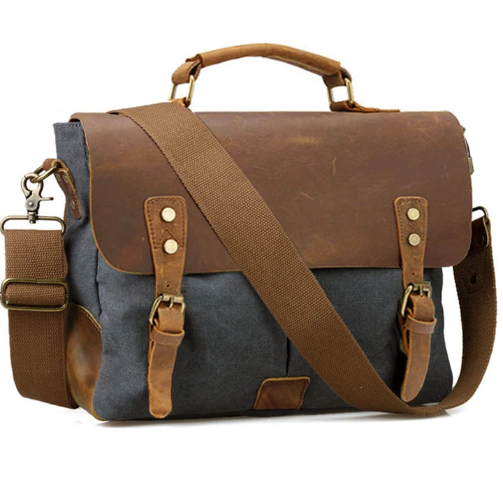 Men's Vintage Leather & Canvas Briefcase – Business Portfolio Attache Tote Office Bag