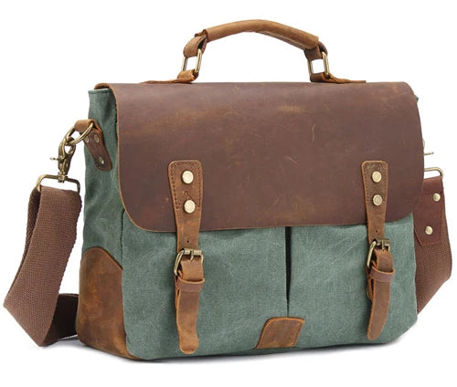 Men's Vintage Leather & Canvas Briefcase – Business Portfolio Attache Tote Office Bag