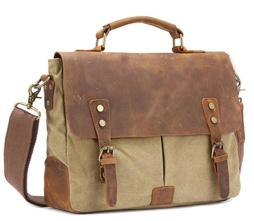 Men's Vintage Leather & Canvas Briefcase – Business Portfolio Attache Tote Office Bag
