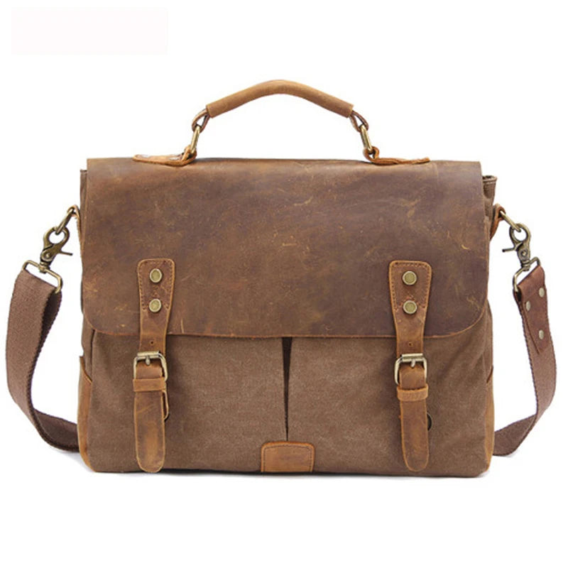 Men's Vintage Leather & Canvas Briefcase – Business Portfolio Attache Tote Office Bag
