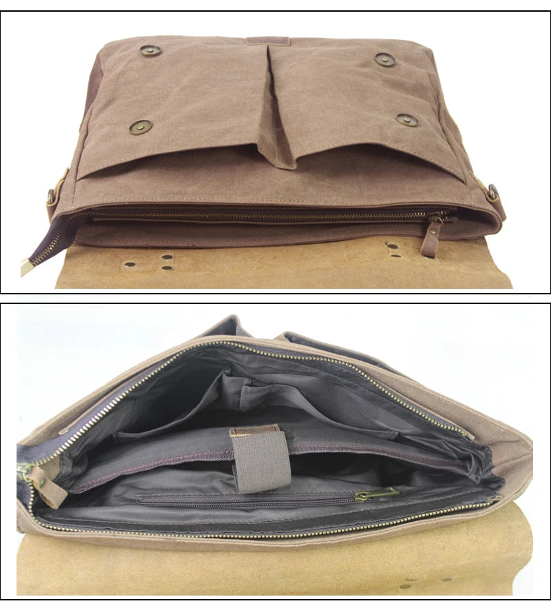Men's Vintage Leather & Canvas Briefcase – Business Portfolio Attache Tote Office Bag
