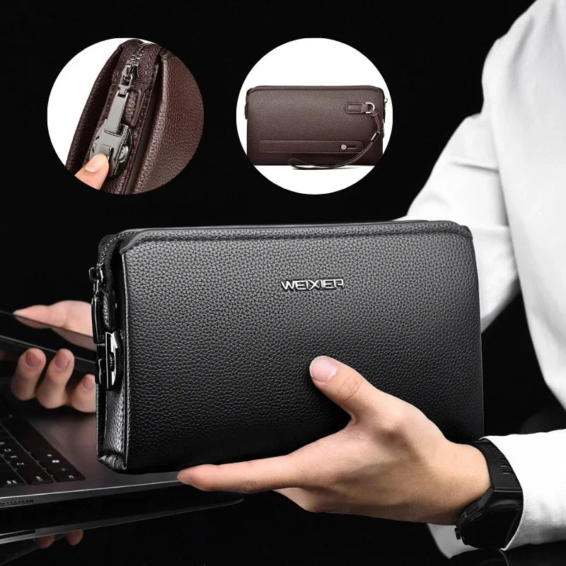 Men's Luxury PU Leather Clutch Bag – Long Wristlet Wallet with Password Closure