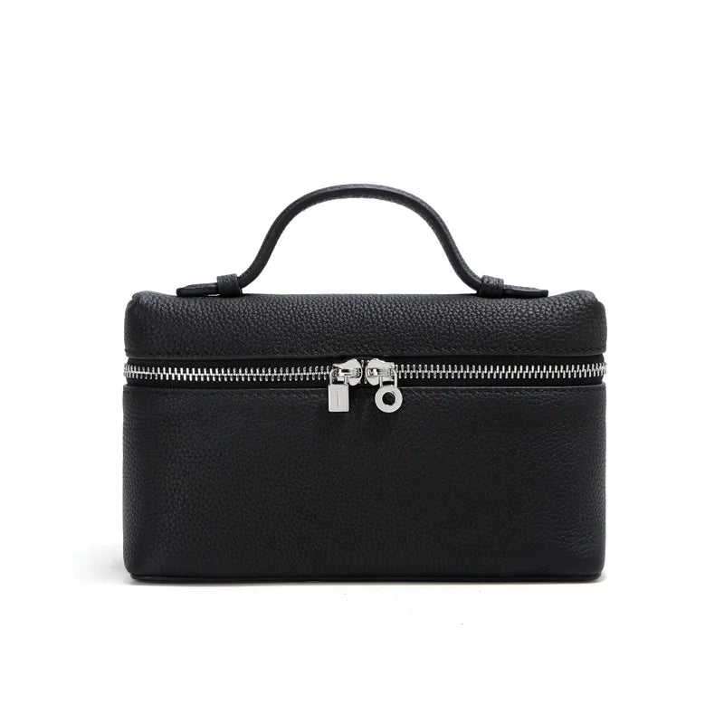 Women's Genuine Leather Box Crossbody Bag – Mini Handbag with Metal Lock & Zipper