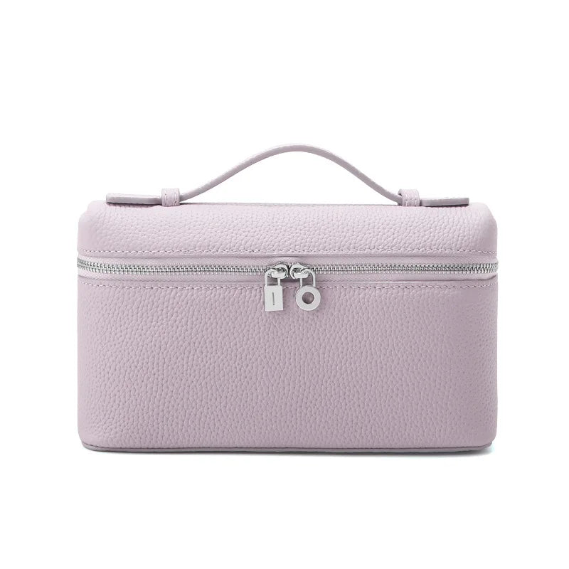 Women's Genuine Leather Box Crossbody Bag – Mini Handbag with Metal Lock & Zipper
