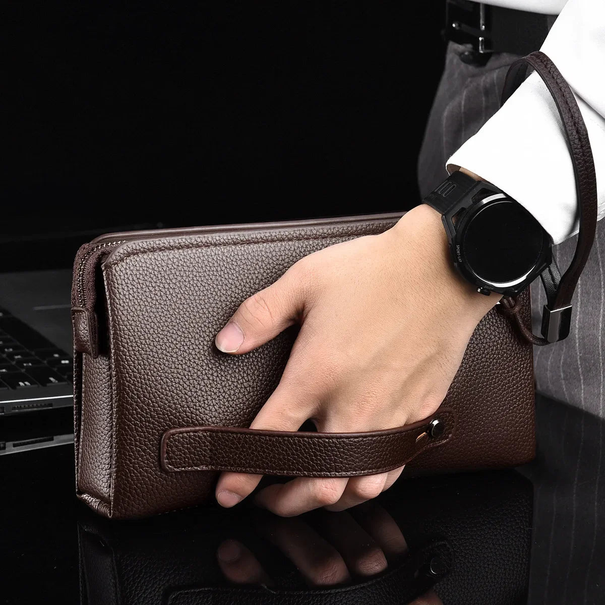 Men's Luxury PU Leather Clutch Bag – Long Wristlet Wallet with Password Closure