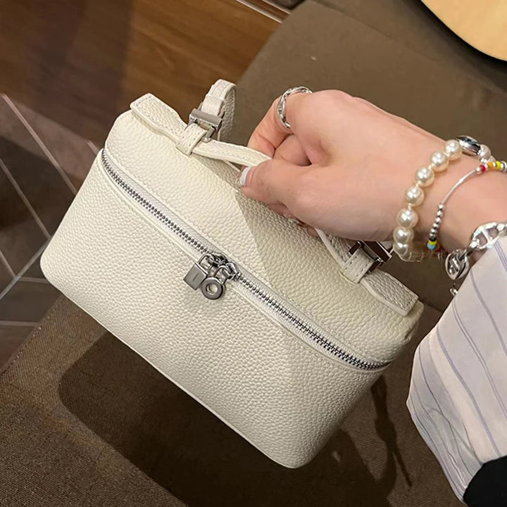 Women's Genuine Leather Box Crossbody Bag – Mini Handbag with Metal Lock & Zipper