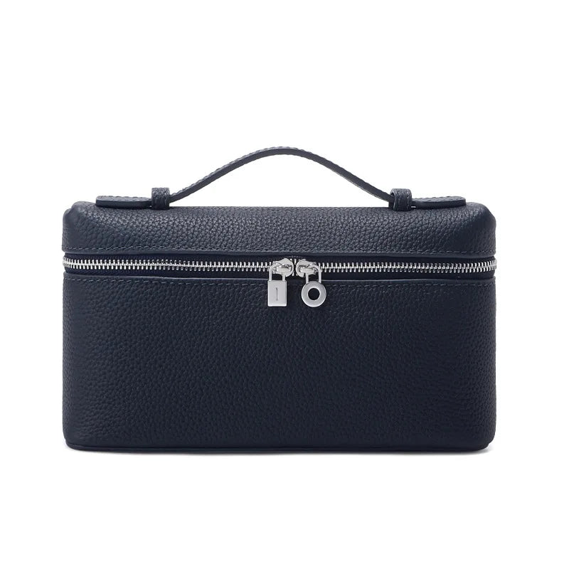 Women's Genuine Leather Box Crossbody Bag – Mini Handbag with Metal Lock & Zipper