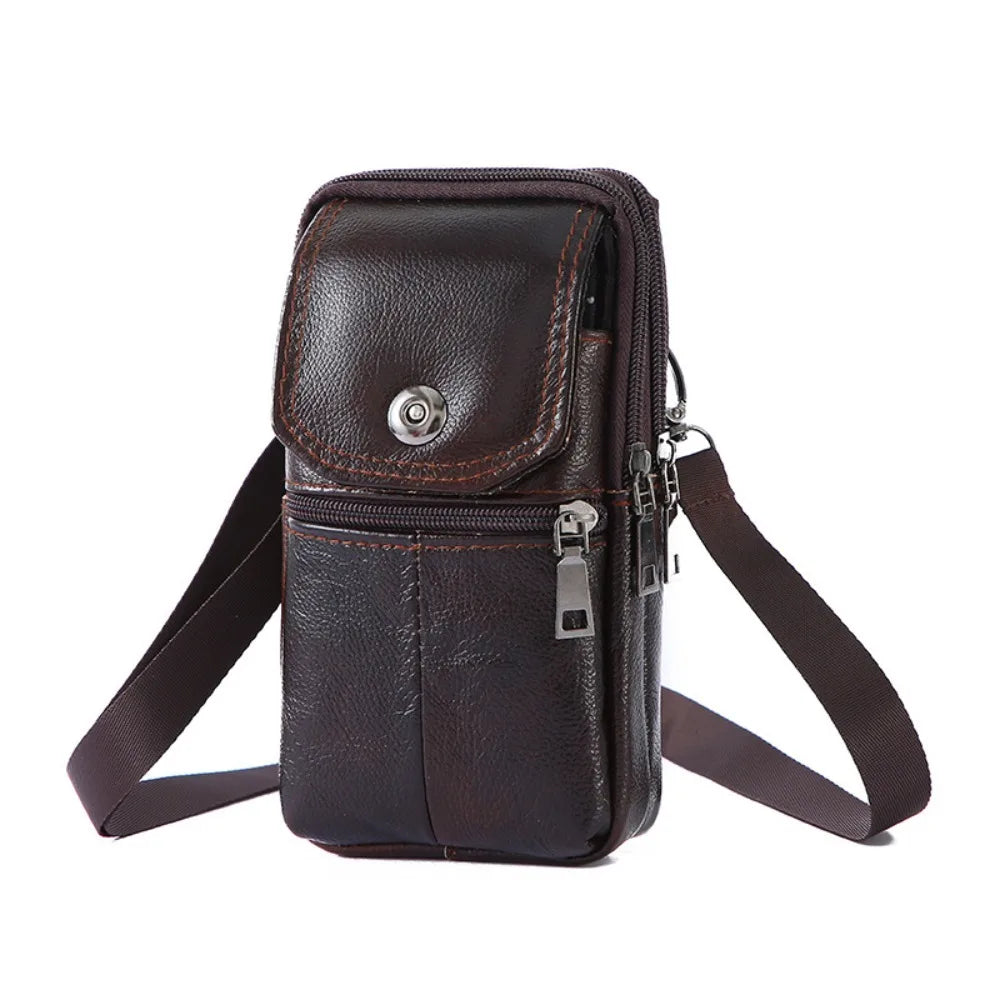 Men's Genuine Leather Messenger Bag – Compact Phone Chest Bag with Multi-Pockets