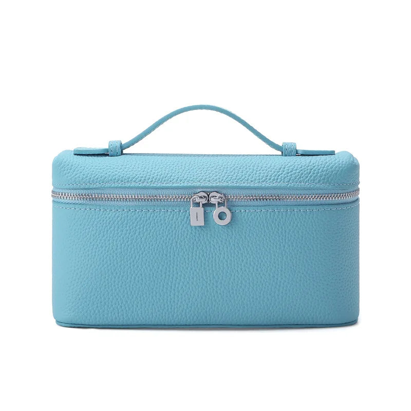 Women's Genuine Leather Box Crossbody Bag – Mini Handbag with Metal Lock & Zipper