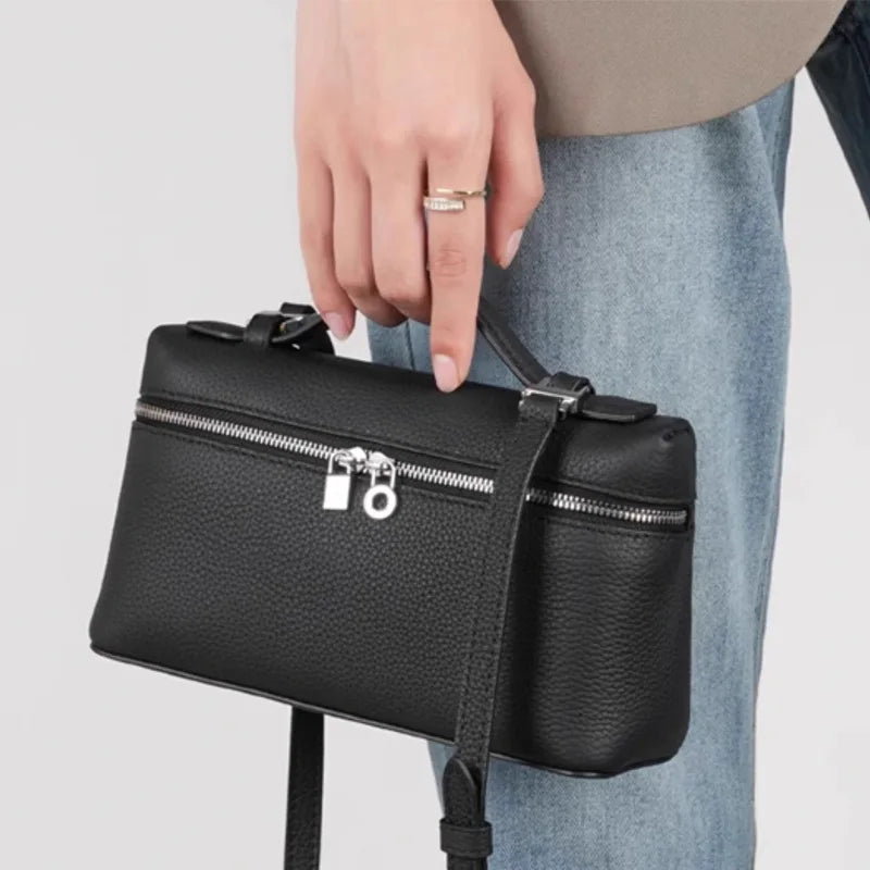 Women's Genuine Leather Box Crossbody Bag – Mini Handbag with Metal Lock & Zipper