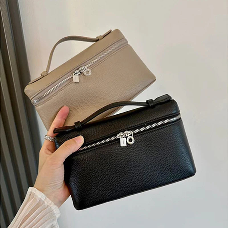 Women's Genuine Leather Box Crossbody Bag – Mini Handbag with Metal Lock & Zipper