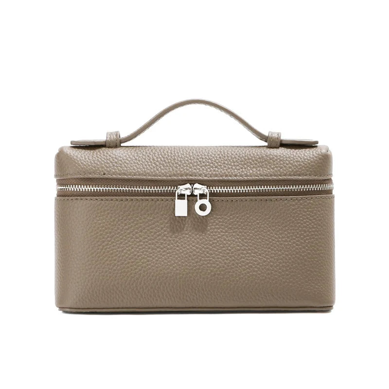 Women's Genuine Leather Box Crossbody Bag – Mini Handbag with Metal Lock & Zipper