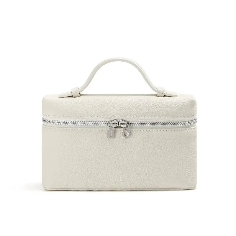 Women's Genuine Leather Box Crossbody Bag – Mini Handbag with Metal Lock & Zipper