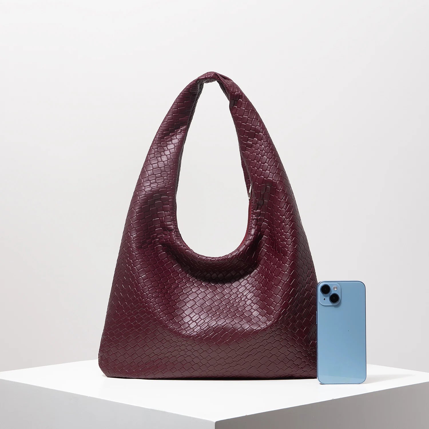 Vintage Faux Woven Leather Crescent Shoulder Bag