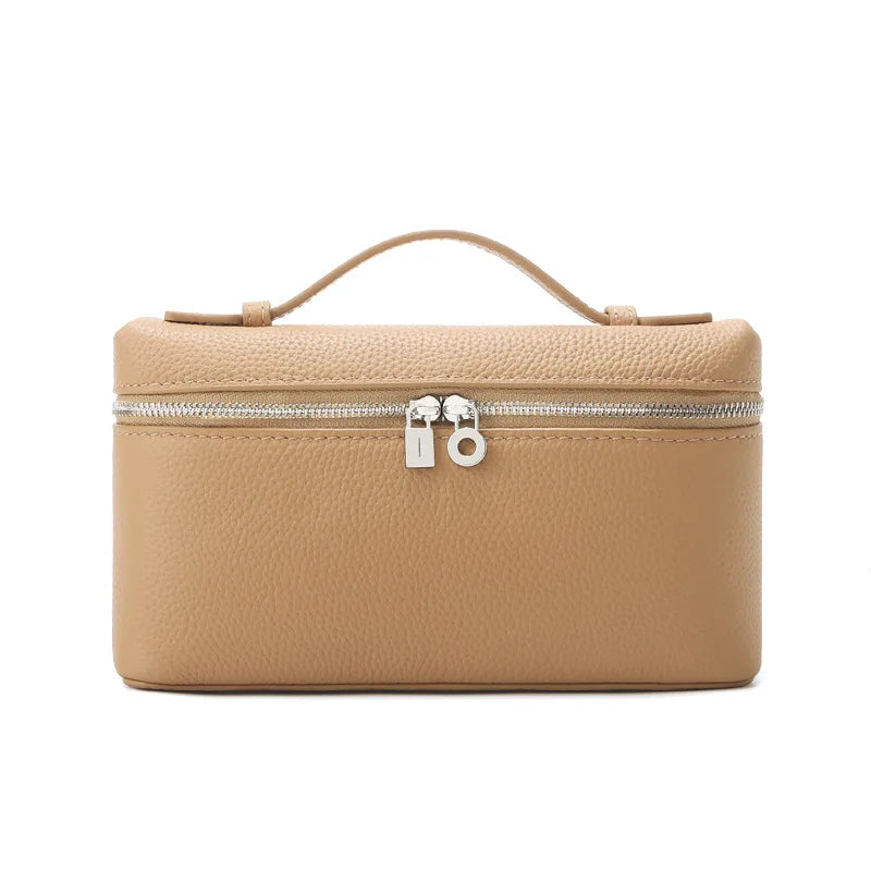Women's Genuine Leather Box Crossbody Bag – Mini Handbag with Metal Lock & Zipper