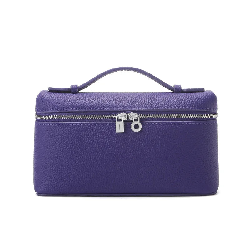 Women's Genuine Leather Box Crossbody Bag – Mini Handbag with Metal Lock & Zipper