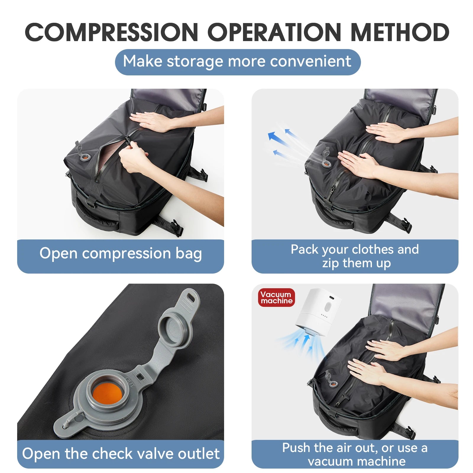 Vacuum Compression Travel Backpack – Expandable 17-Inch Laptop Bag