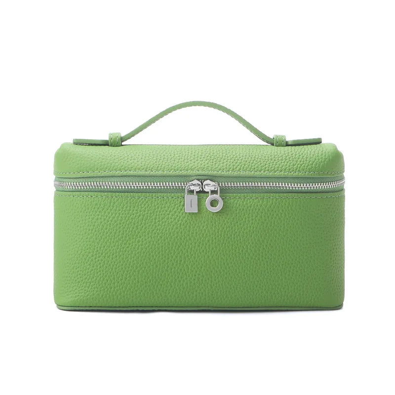 Women's Genuine Leather Box Crossbody Bag – Mini Handbag with Metal Lock & Zipper