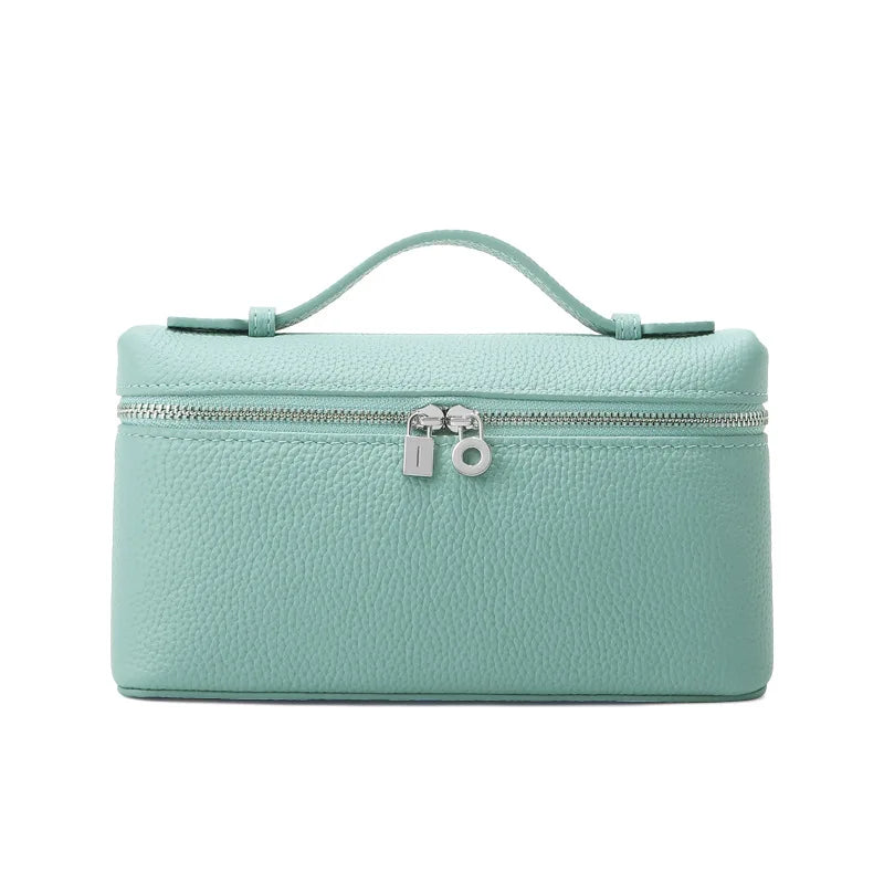Women's Genuine Leather Box Crossbody Bag – Mini Handbag with Metal Lock & Zipper