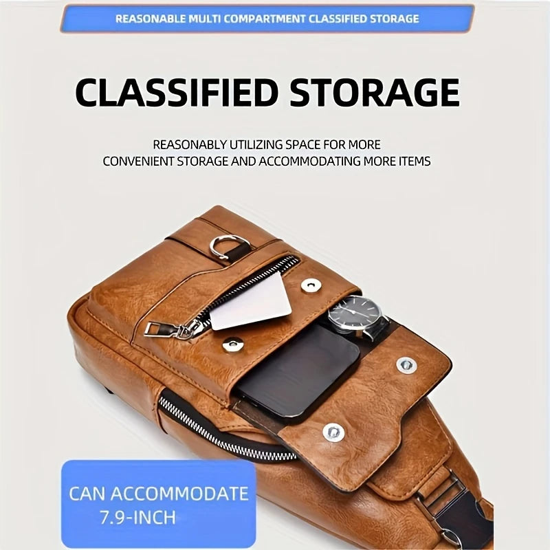 Women's & Men's PU Leather Crossbody Bag – Vintage Waterproof Sling Chest Bag with Large Capacity