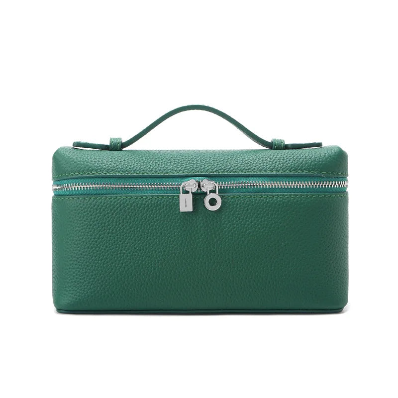 Women's Genuine Leather Box Crossbody Bag – Mini Handbag with Metal Lock & Zipper