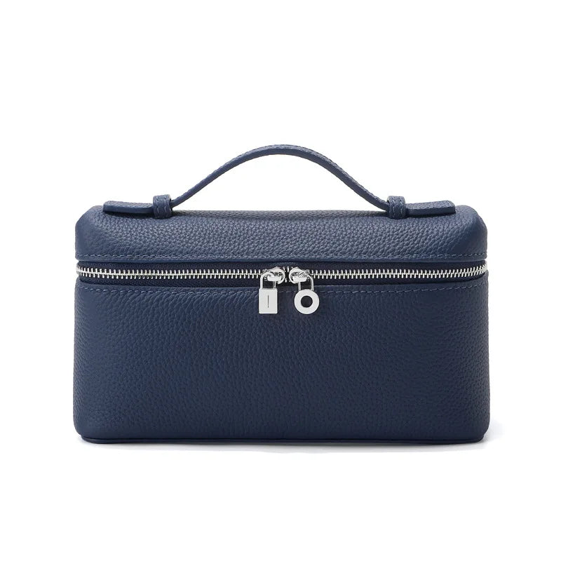 Women's Genuine Leather Box Crossbody Bag – Mini Handbag with Metal Lock & Zipper