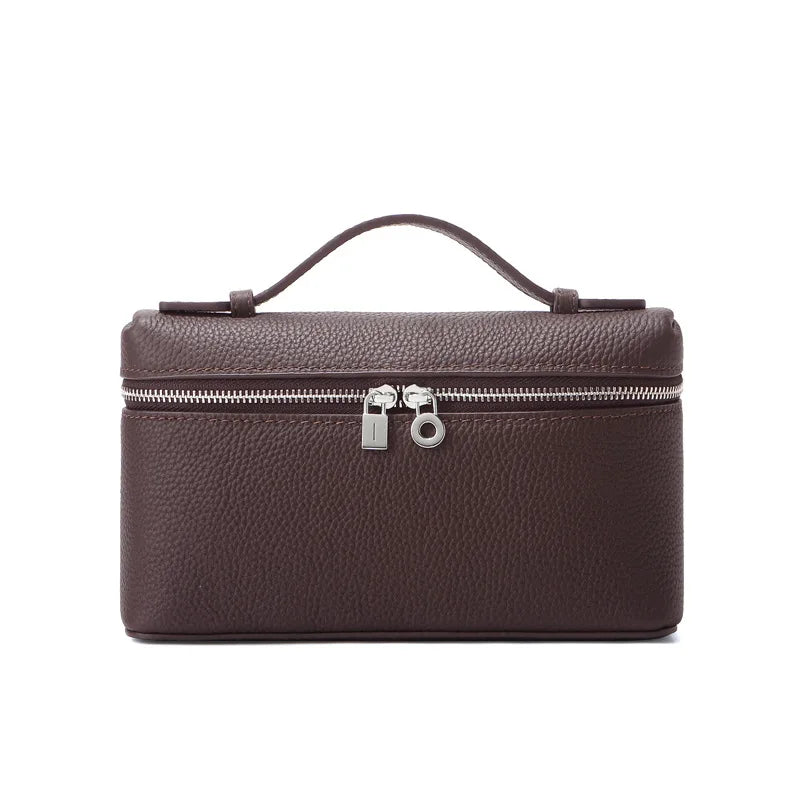 Women's Genuine Leather Box Crossbody Bag – Mini Handbag with Metal Lock & Zipper