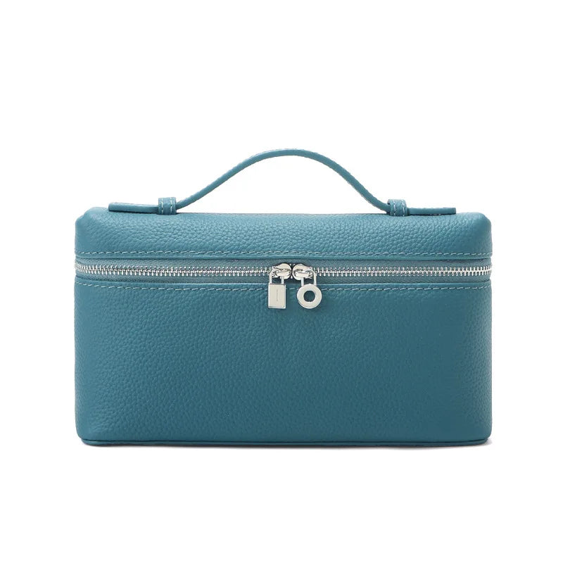 Women's Genuine Leather Box Crossbody Bag – Mini Handbag with Metal Lock & Zipper