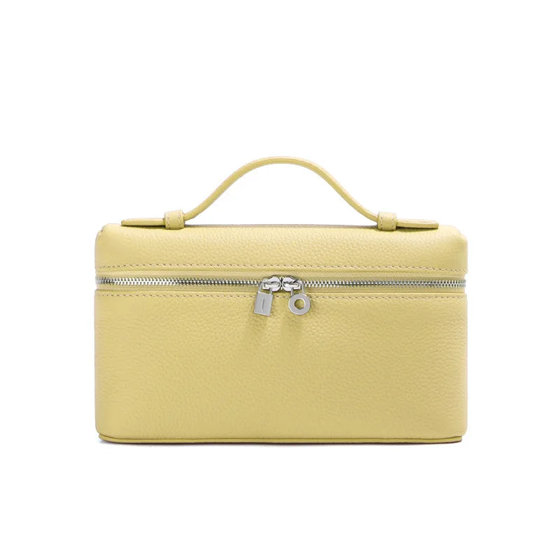 Women's Genuine Leather Box Crossbody Bag – Mini Handbag with Metal Lock & Zipper