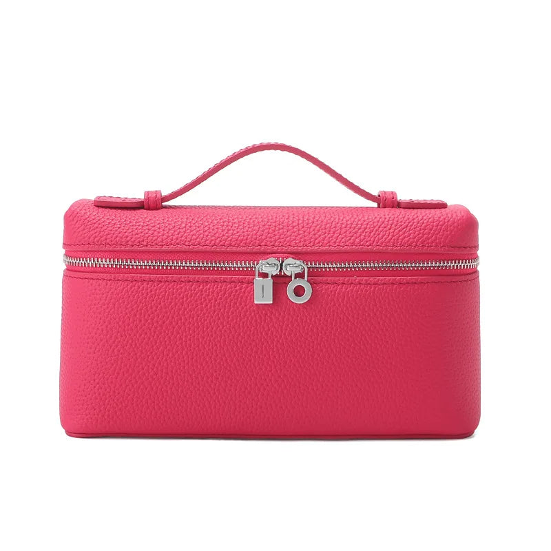 Women's Genuine Leather Box Crossbody Bag – Mini Handbag with Metal Lock & Zipper