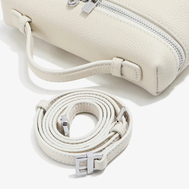 Women's Genuine Leather Box Crossbody Bag – Mini Handbag with Metal Lock & Zipper