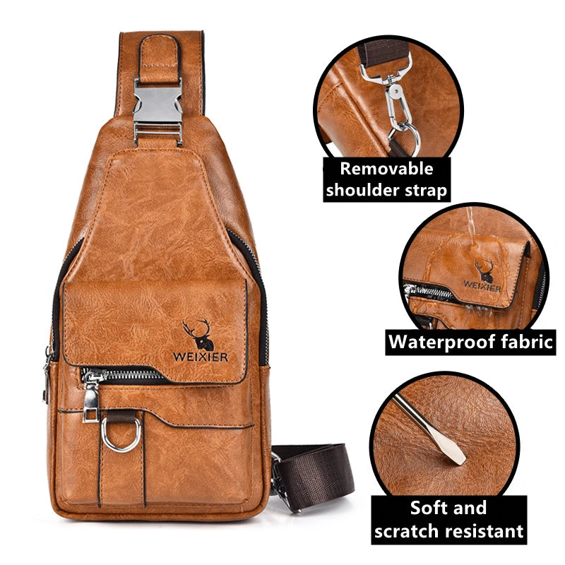 Women's & Men's PU Leather Crossbody Bag – Vintage Waterproof Sling Chest Bag with Large Capacity