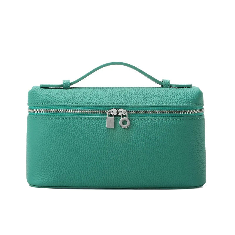 Women's Genuine Leather Box Crossbody Bag – Mini Handbag with Metal Lock & Zipper