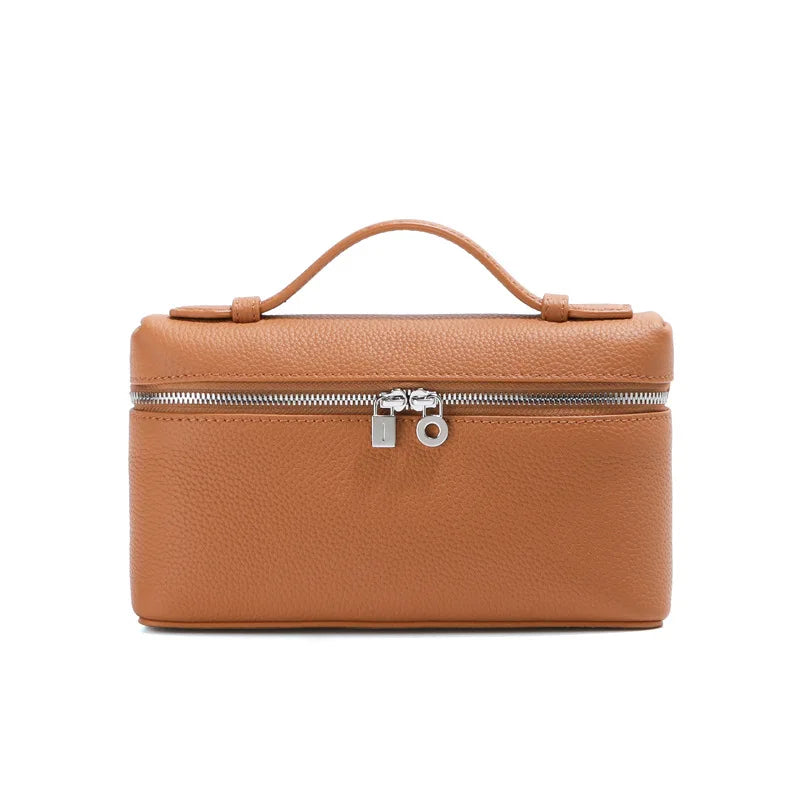 Women's Genuine Leather Box Crossbody Bag – Mini Handbag with Metal Lock & Zipper