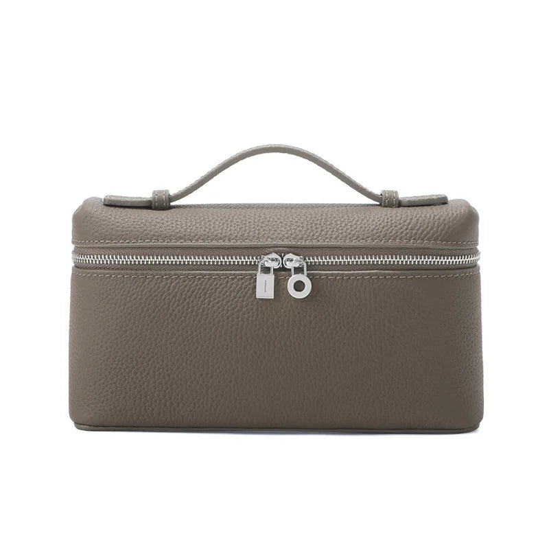 Women's Genuine Leather Box Crossbody Bag – Mini Handbag with Metal Lock & Zipper
