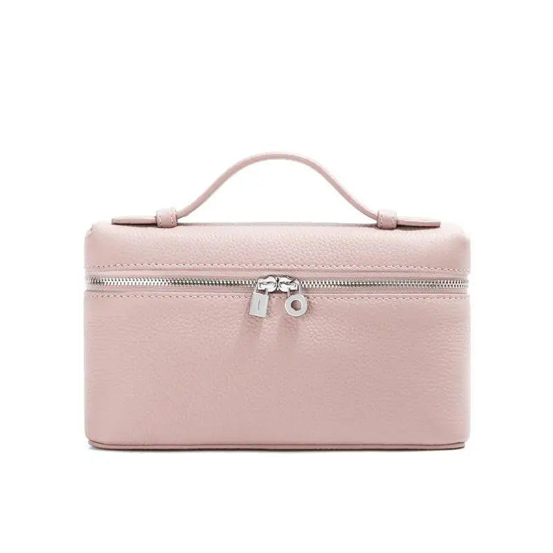 Women's Genuine Leather Box Crossbody Bag – Mini Handbag with Metal Lock & Zipper