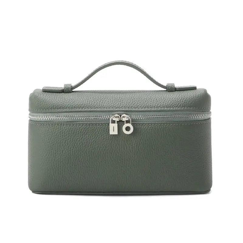 Women's Genuine Leather Box Crossbody Bag – Mini Handbag with Metal Lock & Zipper