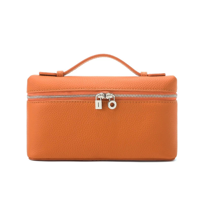 Women's Genuine Leather Box Crossbody Bag – Mini Handbag with Metal Lock & Zipper