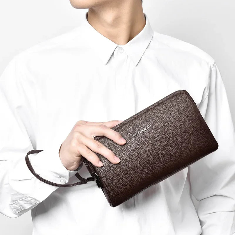 Men's Luxury PU Leather Clutch Bag – Long Wristlet Wallet with Password Closure