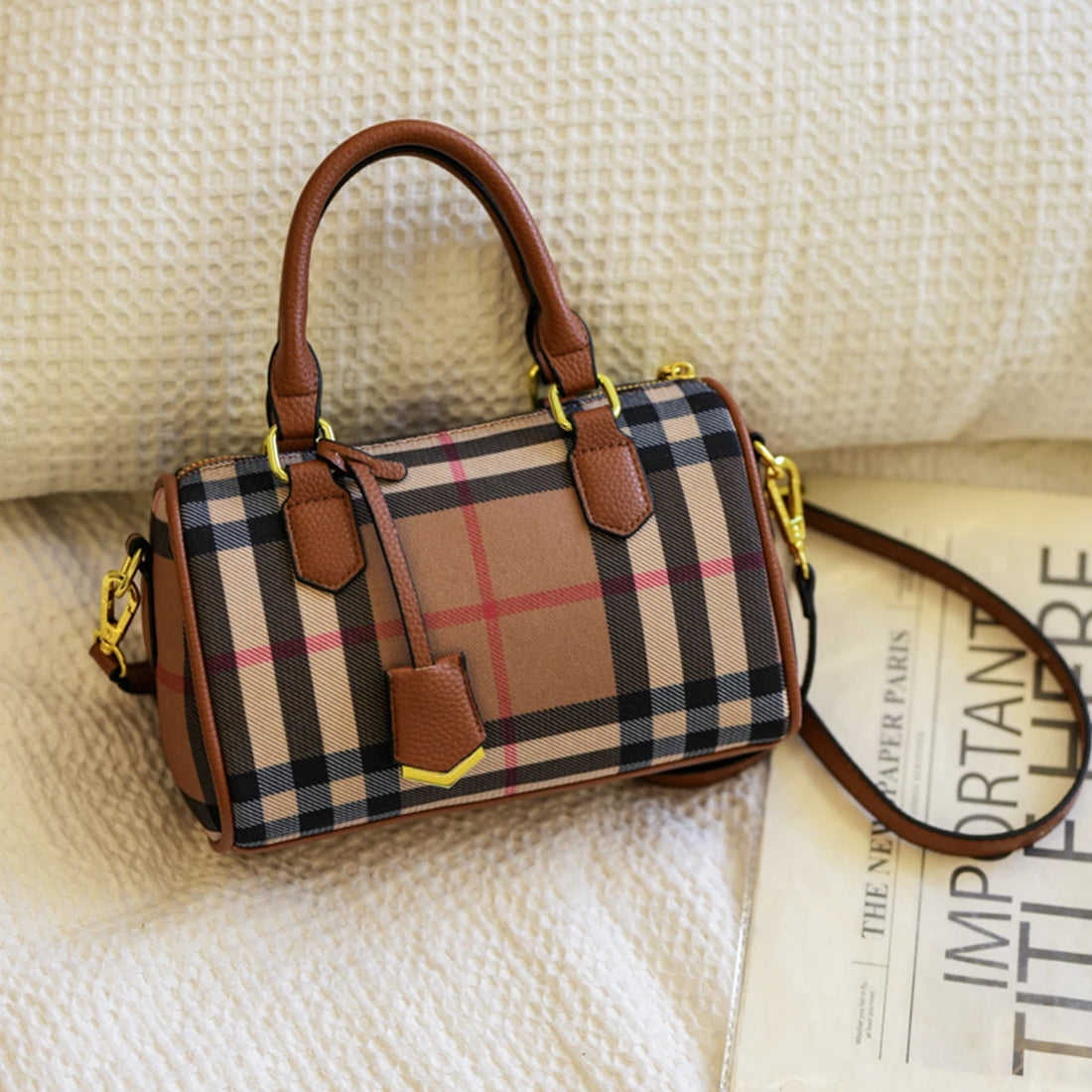 Plaid Stripe Crossbody Tote Bag for Women