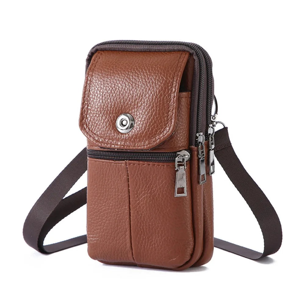 Men's Genuine Leather Messenger Bag – Compact Phone Chest Bag with Multi-Pockets
