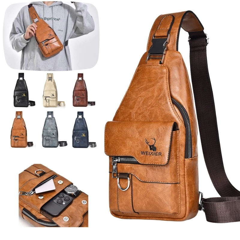 Women's & Men's PU Leather Crossbody Bag – Vintage Waterproof Sling Chest Bag with Large Capacity