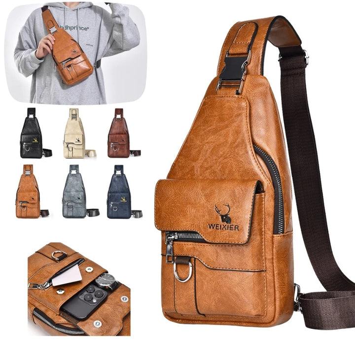 Women's & Men's PU Leather Crossbody Bag – Vintage Waterproof Sling Chest Bag with Large Capacity