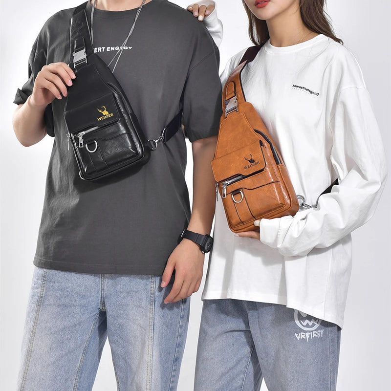 Women's & Men's PU Leather Crossbody Bag – Vintage Waterproof Sling Chest Bag with Large Capacity