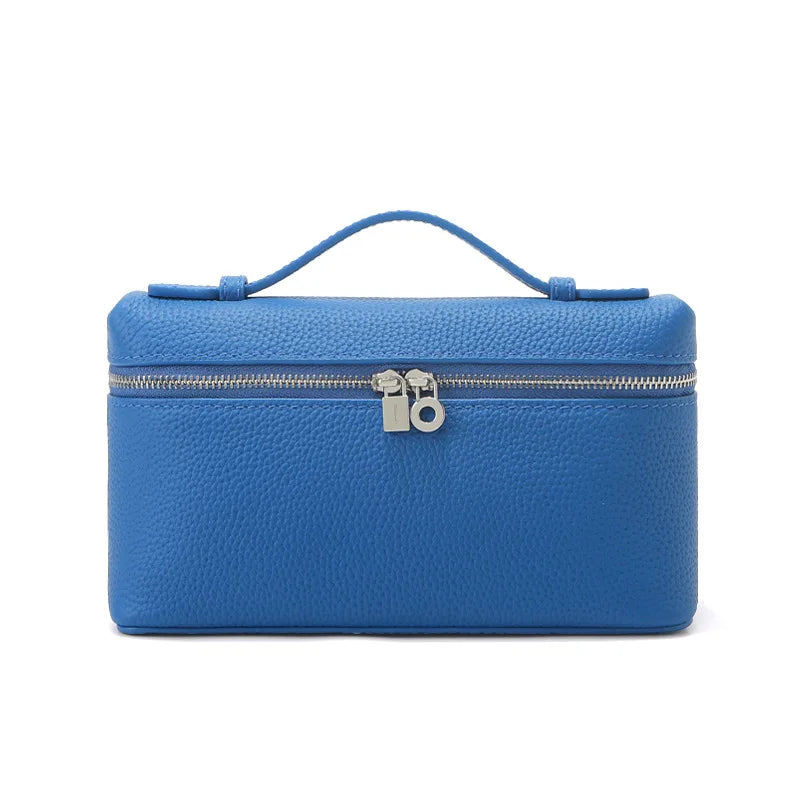 Women's Genuine Leather Box Crossbody Bag – Mini Handbag with Metal Lock & Zipper