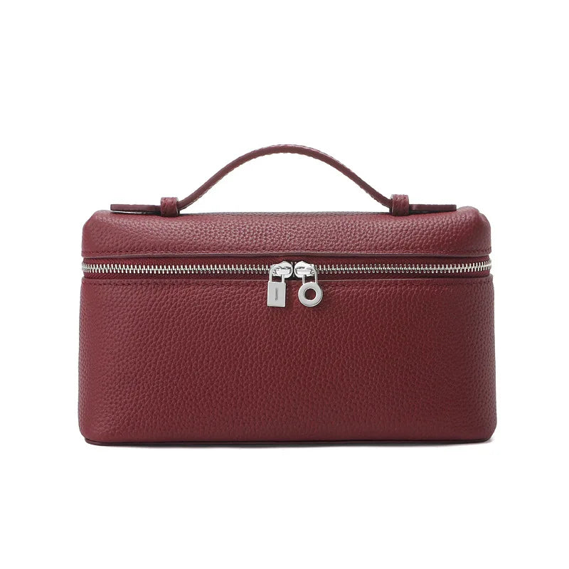 Women's Genuine Leather Box Crossbody Bag – Mini Handbag with Metal Lock & Zipper