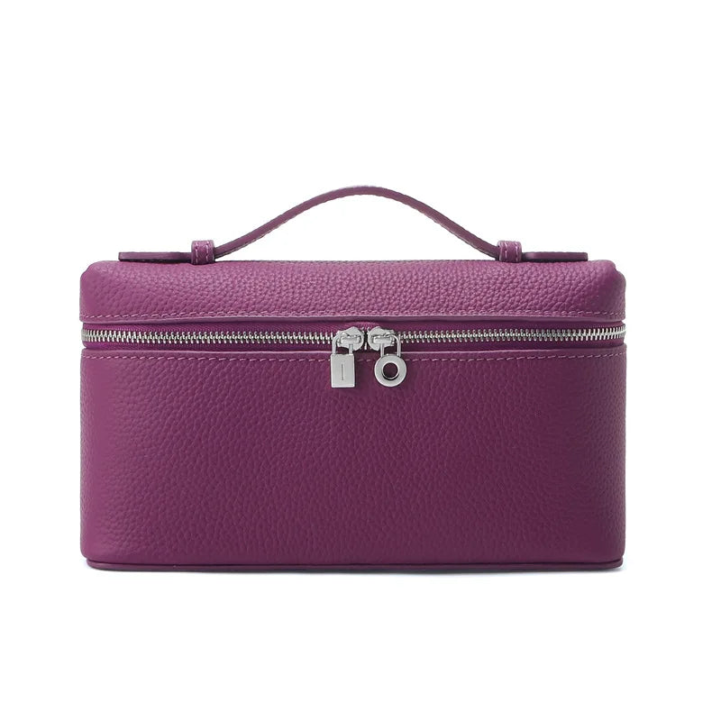 Women's Genuine Leather Box Crossbody Bag – Mini Handbag with Metal Lock & Zipper